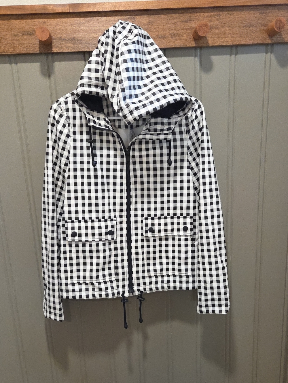 CoffeeShop Black and White Gingham Utility Jacket with Hood